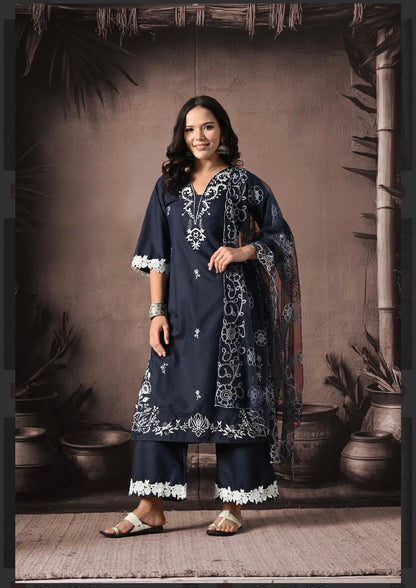 "Chic Indigo Elegance: The Perfect Blue Embroidered Kurta Set With Dupatta"