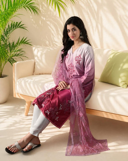 Women's Ombre Pink Embroidered Straight Kurta with Embroidered Net Dupatta V-Neck