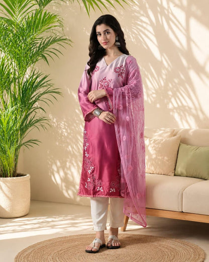 Women's Ombre Pink Embroidered Straight Kurta with Embroidered Net Dupatta V-Neck