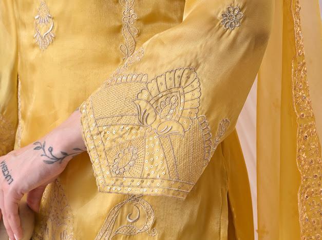 Women Vibrant Mustard Yellow Kurta with Sharara Pants & Embroidered Net Dupatta Set