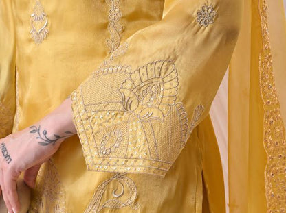 Women Vibrant Mustard Yellow Kurta with Sharara Pants & Embroidered Net Dupatta Set