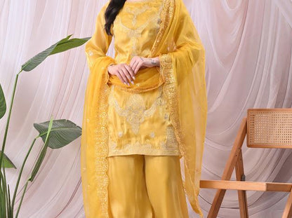 Women Vibrant Mustard Yellow Kurta with Sharara Pants & Embroidered Net Dupatta Set