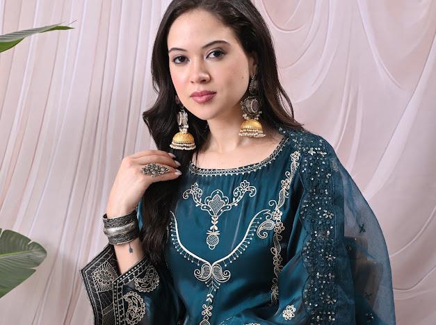 Women Teal Green Kurta with Matching Sharara Pants and Embroidered Net Dupatta Set