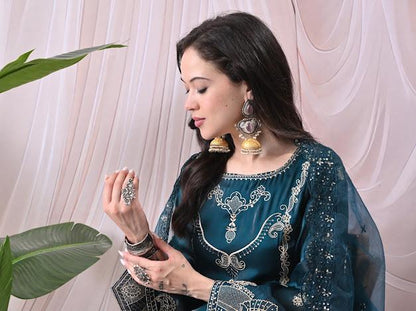 Women Teal Green Kurta with Matching Sharara Pants and Embroidered Net Dupatta Set