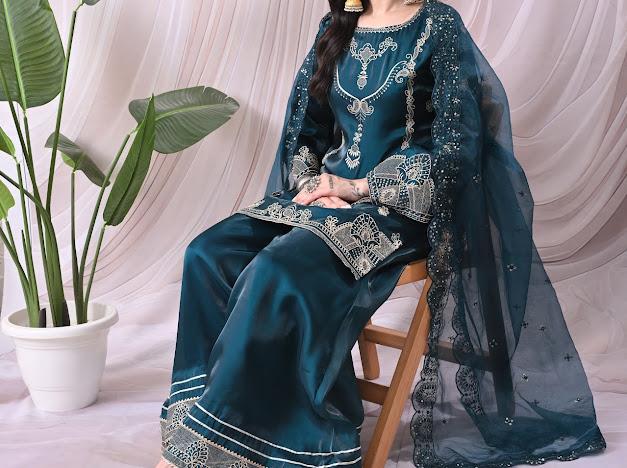 Women Teal Green Kurta with Matching Sharara Pants and Embroidered Net Dupatta Set