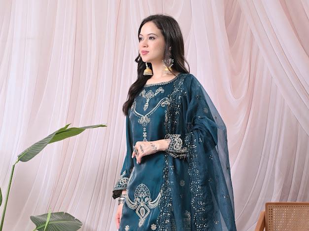 Women Teal Green Kurta with Matching Sharara Pants and Embroidered Net Dupatta Set