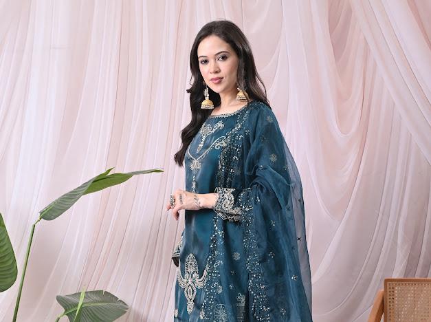 Women Teal Green Kurta with Matching Sharara Pants and Embroidered Net Dupatta Set