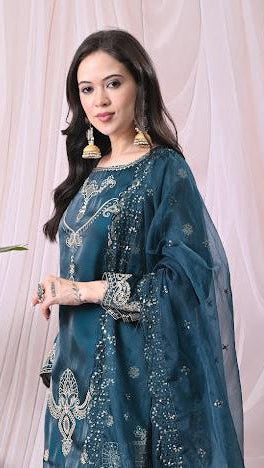Women Teal Green Kurta Or Matching Sharara Pants & Embroidered Net Dupatta Set