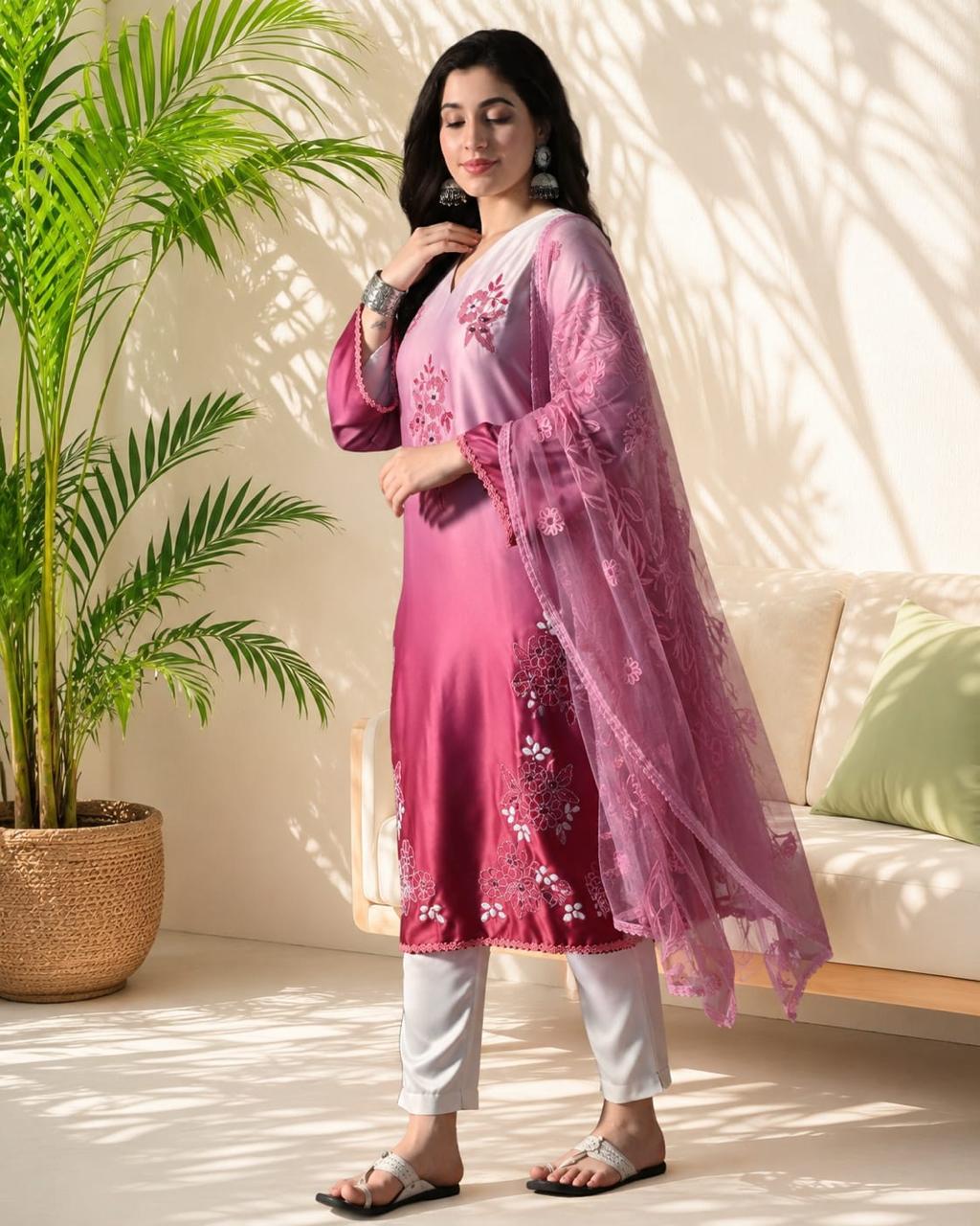 Women's Ombre Pink Embroidered Straight Kurta with Embroidered Net Dupatta V-Neck