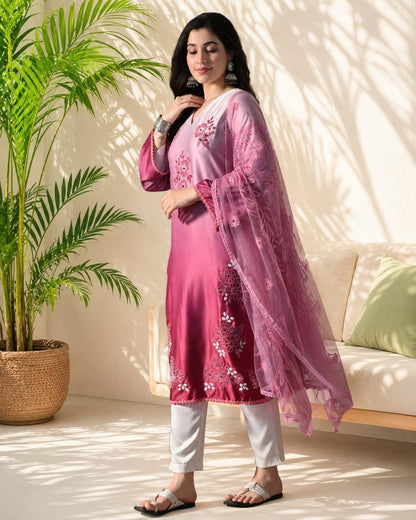 Women's Ombre Pink Embroidered Straight Kurta with Embroidered Net Dupatta V-Neck