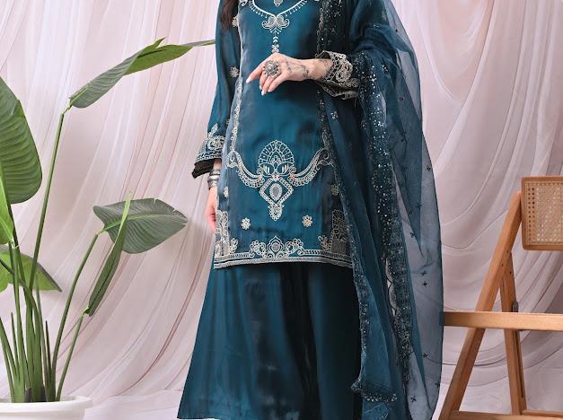 Women Teal Green Kurta with Matching Sharara Pants and Embroidered Net Dupatta Set