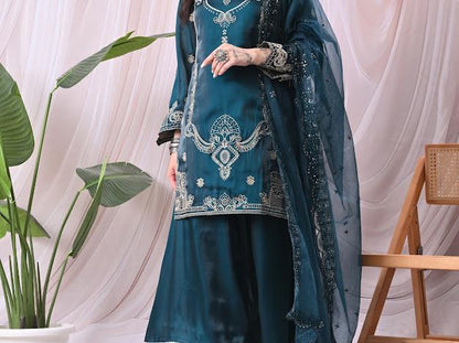 Women Teal Green Kurta with Matching Sharara Pants and Embroidered Net Dupatta Set