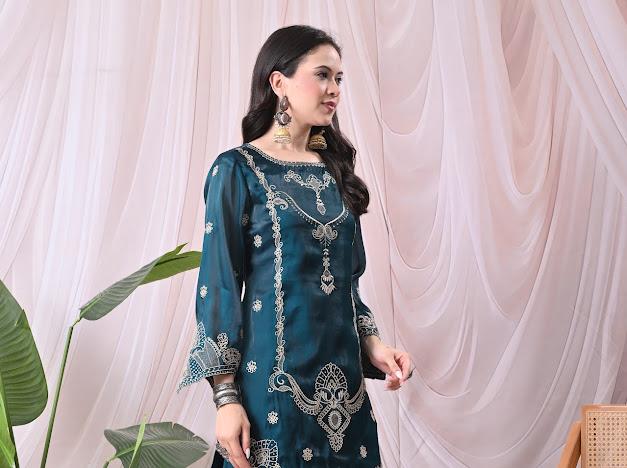 Women Teal Green Kurta with Matching Sharara Pants and Embroidered Net Dupatta Set