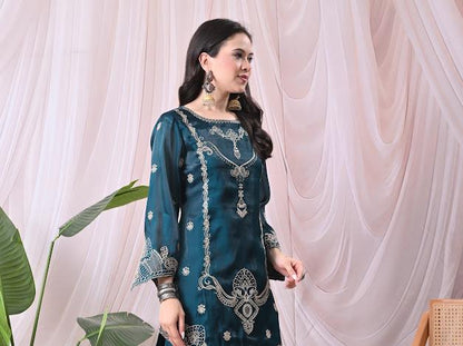 Women Teal Green Kurta with Matching Sharara Pants and Embroidered Net Dupatta Set