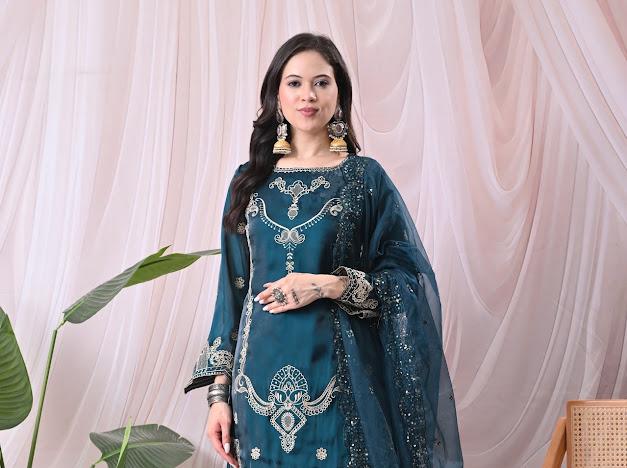 Women Teal Green Kurta with Matching Sharara Pants and Embroidered Net Dupatta Set