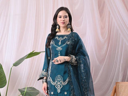 Women Teal Green Kurta with Matching Sharara Pants and Embroidered Net Dupatta Set