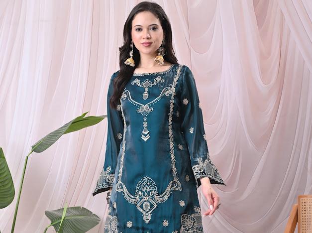 Women Teal Green Kurta with Matching Sharara Pants and Embroidered Net Dupatta Set