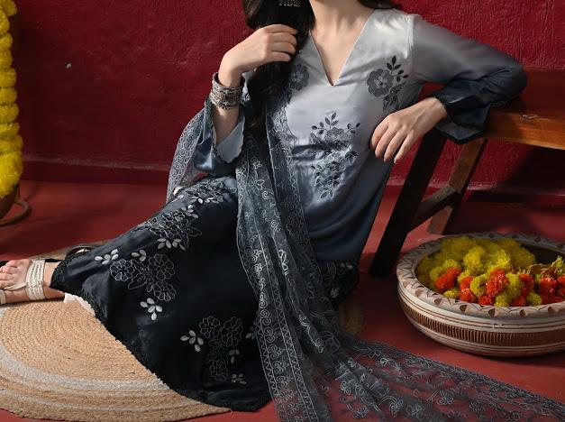 Women Gradient Shaded Kurta with White Pants and Embroidered Net Dupatta Set