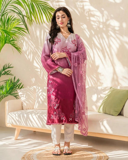 Women's Ombre Pink Embroidered Straight Kurta with Embroidered Net Dupatta V-Neck