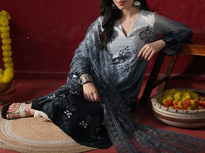Women Gradient Shaded Kurta with White Pants and Embroidered Net Dupatta Set