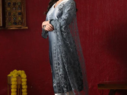 Women Gradient Shaded Kurta with White Pants and Embroidered Net Dupatta Set