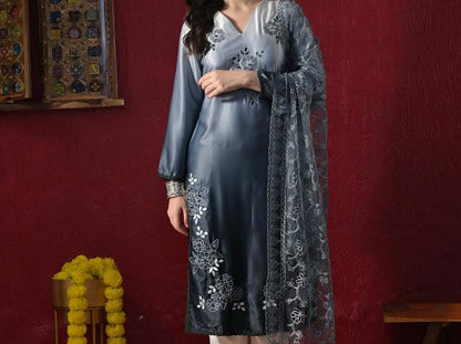 Women Gradient Shaded Kurta with White Pants and Embroidered Net Dupatta Set