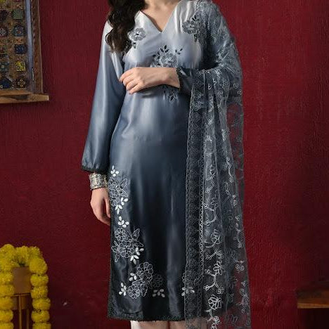 Women Gradient Shaded Kurta with White Pants and Embroidered Net Dupatta Set