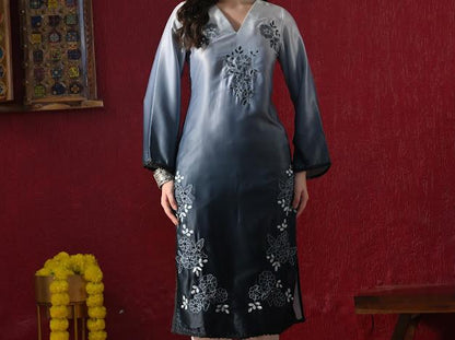 Women Gradient Shaded Kurta with White Pants and Embroidered Net Dupatta Set
