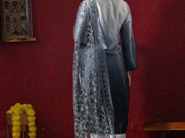 Women Gradient Shaded Kurta with White Pants and Embroidered Net Dupatta Set
