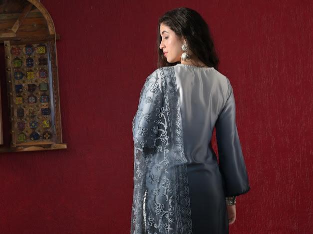Women Gradient Shaded Kurta with White Pants and Embroidered Net Dupatta Set