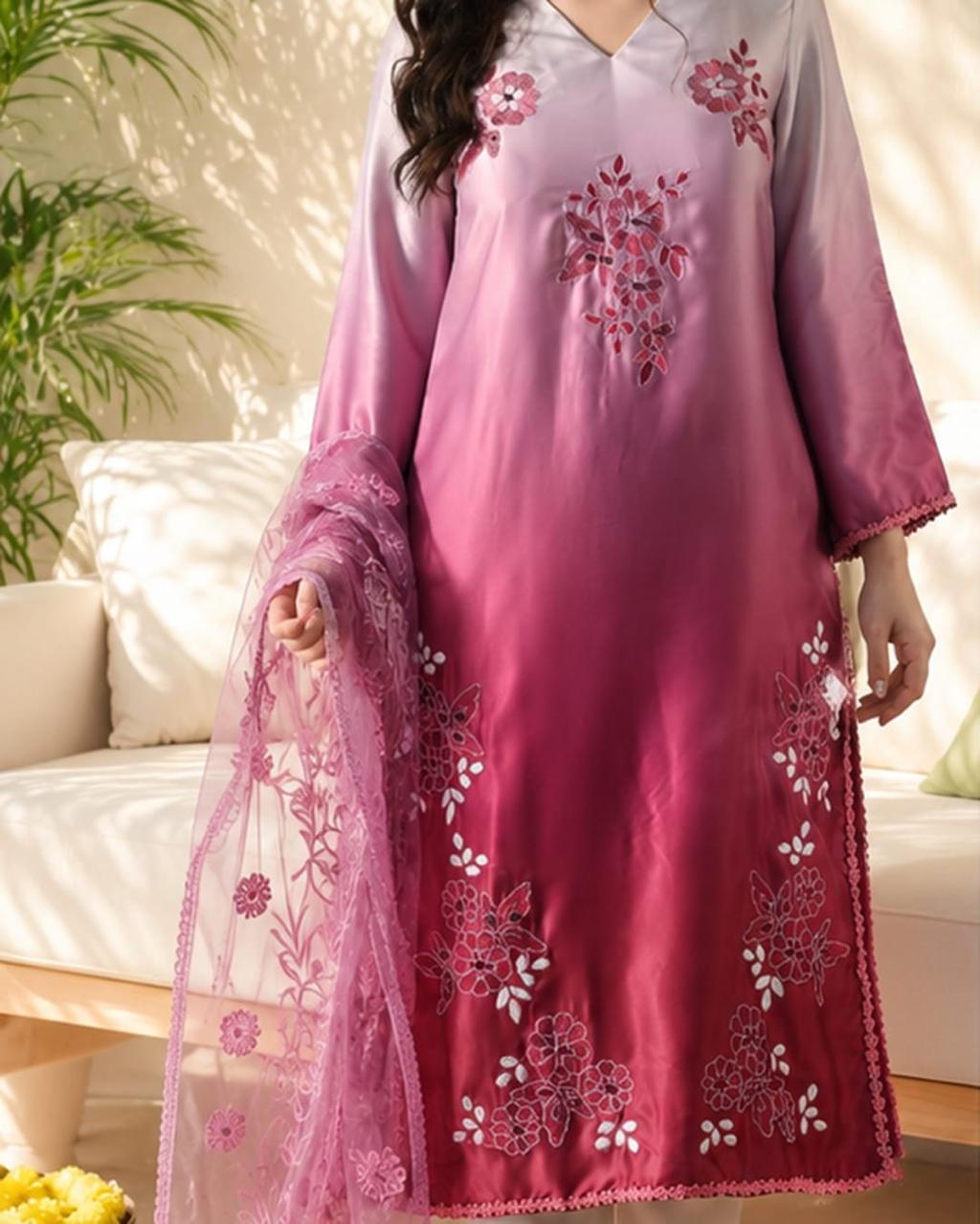 Women's Ombre Pink Embroidered Straight Kurta with Embroidered Net Dupatta V-Neck