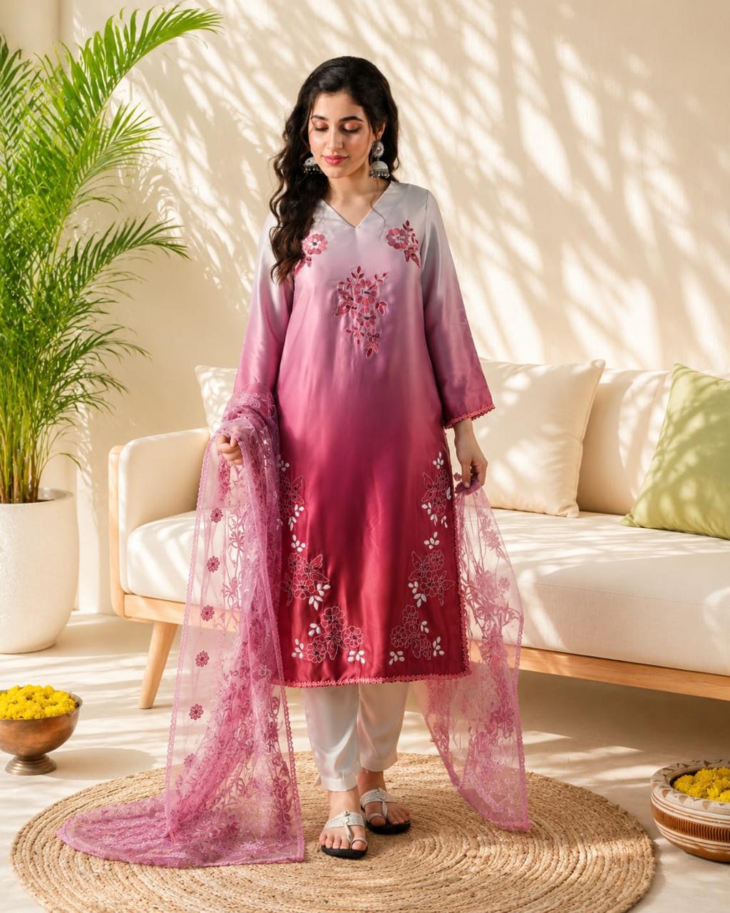 Women's Ombre Pink Embroidered Straight Kurta with Embroidered Net Dupatta V-Neck