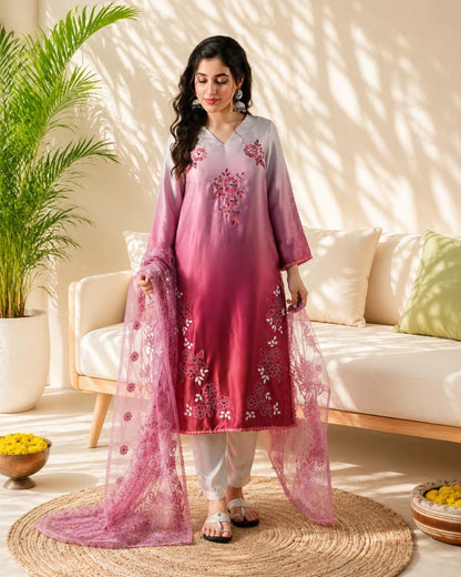 Women's Ombre Pink Embroidered Straight Kurta with Embroidered Net Dupatta V-Neck