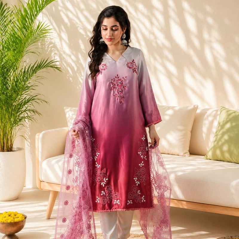 Women's Ombre Pink Embroidered Straight Kurta with Embroidered Net Dupatta V-Neck