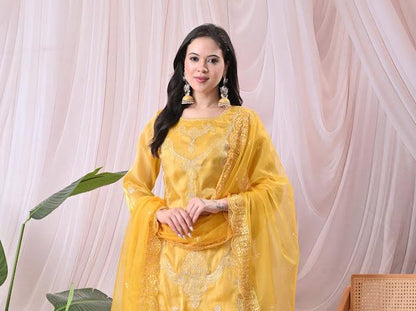 Women Vibrant Mustard Yellow Kurta with Sharara Pants & Embroidered Net Dupatta Set