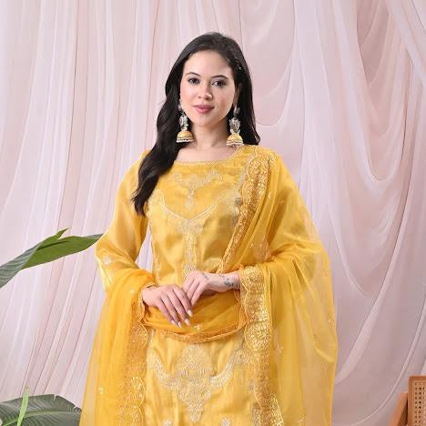 Women Vibrant Mustard Yellow Kurta with Sharara Pants & Embroidered Net Dupatta Set