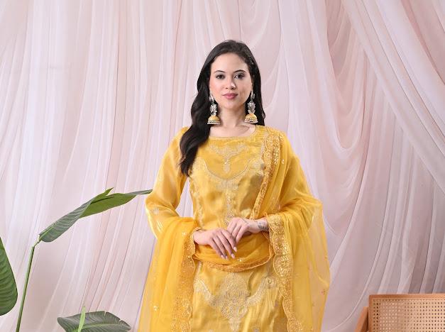 Women Vibrant Mustard Yellow Kurta with Sharara Pants & Embroidered Net Dupatta Set
