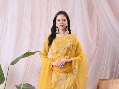 Women Vibrant Mustard Yellow Kurta with Sharara Pants & Embroidered Net Dupatta Set