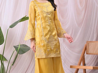 Women Vibrant Mustard Yellow Kurta with Sharara Pants & Embroidered Net Dupatta Set