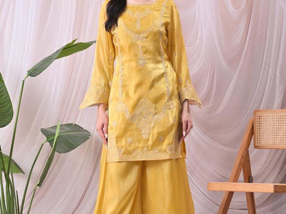 Women Vibrant Mustard Yellow Kurta with Sharara Pants & Embroidered Net Dupatta Set
