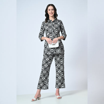 Women Black Printed Shirt Collar Co-Ord Set
